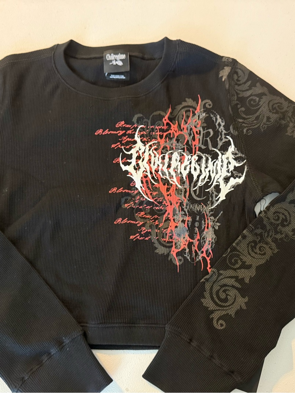 Civil Regime Antagonist Cropped Long Sleeve Waffle Thermal Black Shirt Large